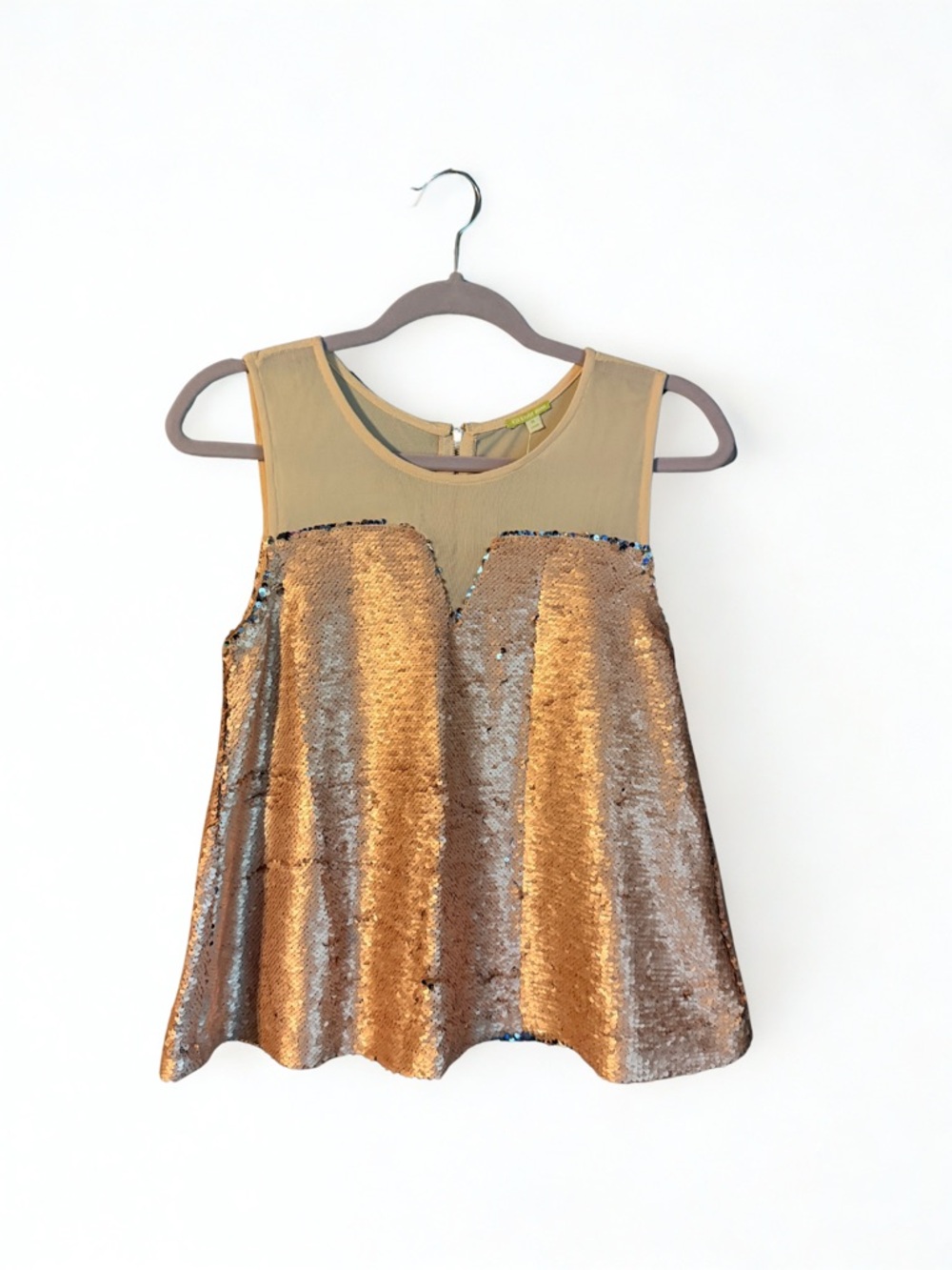 Gianni Bini Pink Sequin Mesh Yoke Sleeveless Top